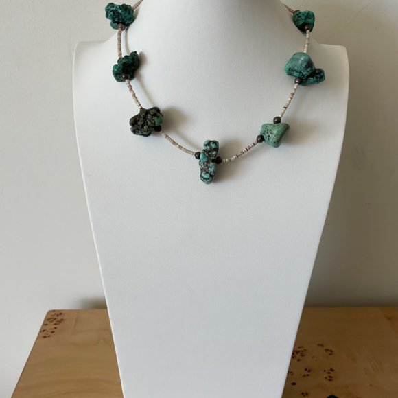 Large Turquoise Chunk, Heishi, and sterling Navajo Necklace - Picture 2 of 3